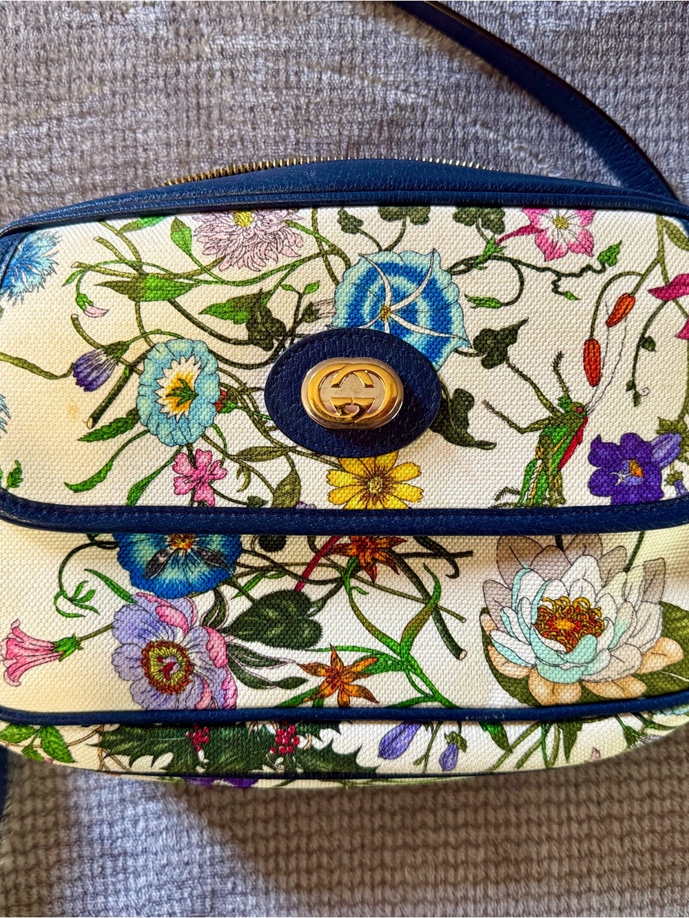 Gucci Blue Trim Floral Print Leather and Canvas Crossbody Bag